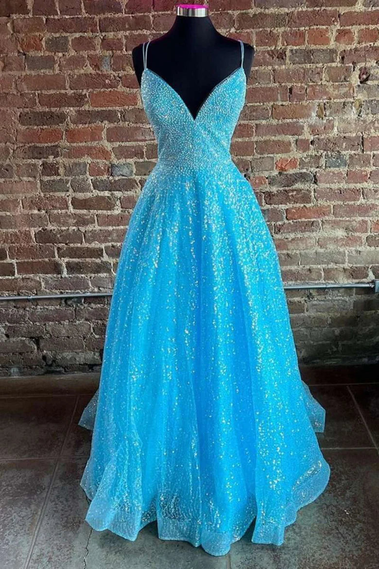Vestido de fiesta plisado con escote en V y lentejuelas en forma de A